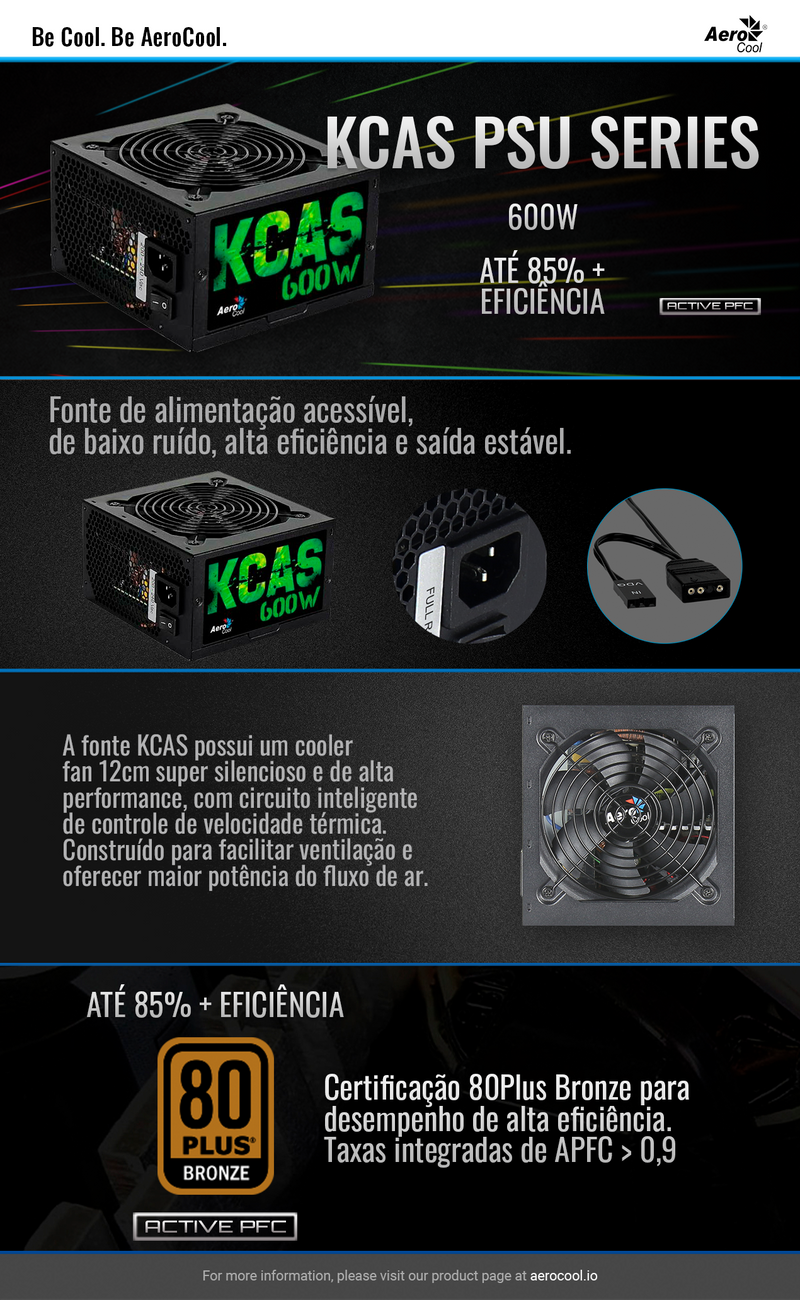 Fonte Gamer ATX Aerocool KCAS 600W 80 Plus Full Range APFC